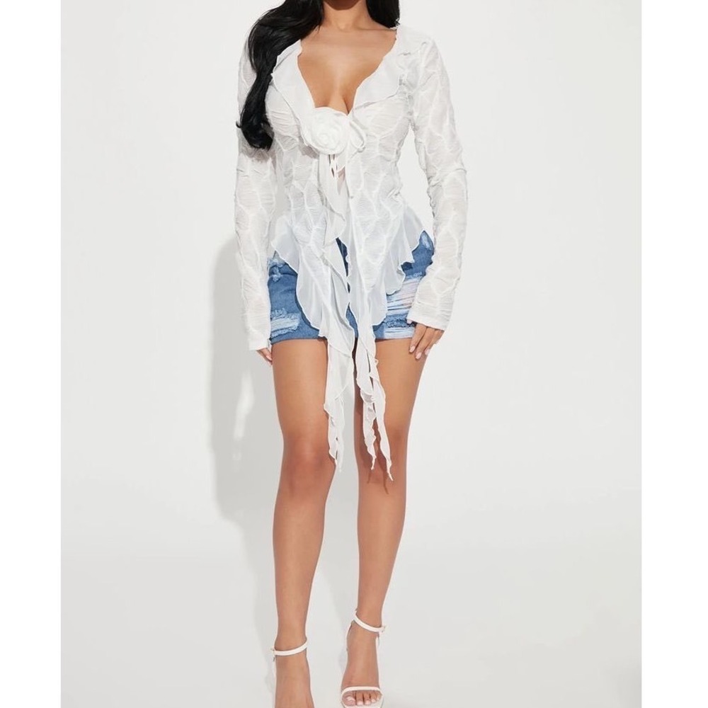 Fashion Nova White Ruffle Rosette Textured Long Sleeve Sheer Blouse Top Fairy a5